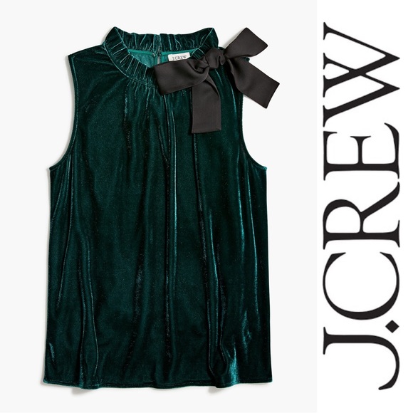 J. Crew Factory | "Old Forest" Green Velvet bow-neck ruffle top | Size Small - Picture 1 of 9